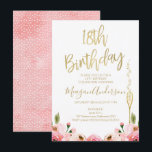 Pink Gold Floral 18e verjaardag uitnodiging<br><div class="desc">Pink Gold Floral 18e verjaardagsuitnodiging Sweet and elegant pink and gold achttiende verjaardagsuitnodiging met een aantal faux gouden folie tekst,  champagneglas en roze waterverf rozen. Dit is een leuke manier om gasten uit te nodigen voor uw aanstaande 18e verjaardagsfeest.</div>