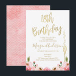 Pink Gold Floral 18e verjaardag uitnodiging<br><div class="desc">Pink Gold Floral 18e verjaardagsuitnodiging Sweet and elegant pink and gold achttiende verjaardagsuitnodiging met een aantal faux gouden folie tekst, champagneglas en roze waterverf rozen. Dit is een leuke manier om gasten uit te nodigen voor uw aanstaande 18e verjaardagsfeest.</div>
