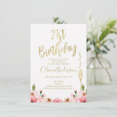 Pink Gold Floral 21e verjaardag uitnodiging (Staand voorkant)