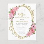 Pink Gold Floral 90th Birthday Party Uitnodiging Briefkaart<br><div class="desc">Eer een speciale vrouw met deze elegante en vrouwelijke 90th Birthday party uitnodiging. De 90ste is in grote roze tekst geschreven. De feestdag volgt. De naam van de geëerde gast is ook in roze hoofdletters. De rest van de tekst is zachte duif grijs. De verjaardagsfeestdetails zijn omringd door een lijst...</div>