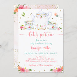 Pink Gold Floral Baby shower Tea Party Kaart