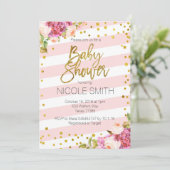 Pink Gold Floral baby shower uitnodiging (Staand voorkant)