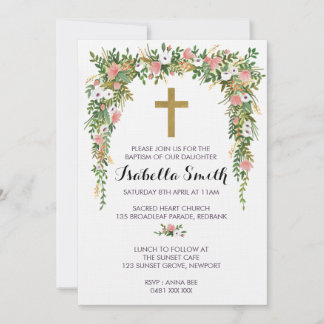 Pink Gold floral Baptism / Christening Invitation Kaart