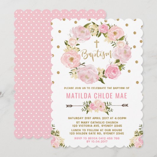 Pink Gold Floral Baptism Christening Uitnodiging (Voorkant / Achterkant)