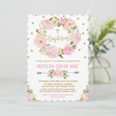 Pink Gold Floral Baptism Christening Uitnodiging (Staand voorkant)