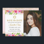 Pink Gold Floral Bat Mitzvah Foto slaat de datum o Save The Date<br><div class="desc">Pink Gold Floral Bat Mitzvah Foto slaat de datum op</div>