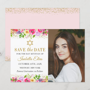 Pink Gold Floral Bat Mitzvah Foto slaat de datum o Save The Date