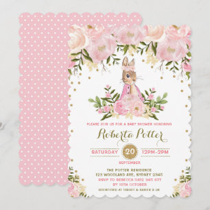 Pink Gold Floral Bunny Rabbit Baby shower Invite Kaart