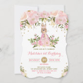 Pink Gold Floral Bunny Rabbit Birthday Uitnodiging (Voorkant)
