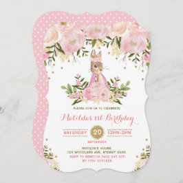 Pink Gold Floral Bunny Rabbit Birthday Uitnodiging