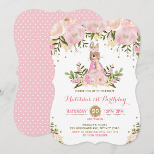 Pink Gold Floral Bunny Rabbit Birthday Uitnodiging