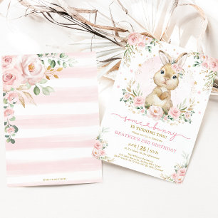 Pink Gold Floral Bunny Rabbit Girl Birthday Party Kaart