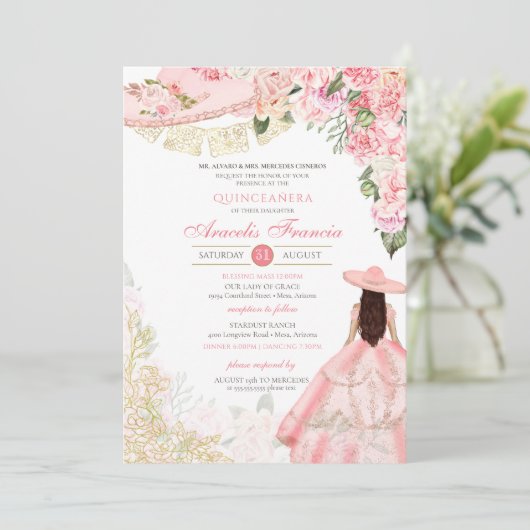 Pink & Gold Floral Charra Western Quinceanera Kaart (Staand voorkant)