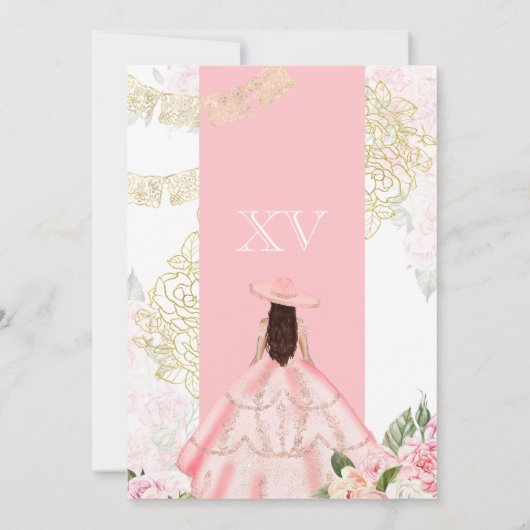 Pink & Gold Floral Charra Western Quinceanera Kaart (Achterkant)
