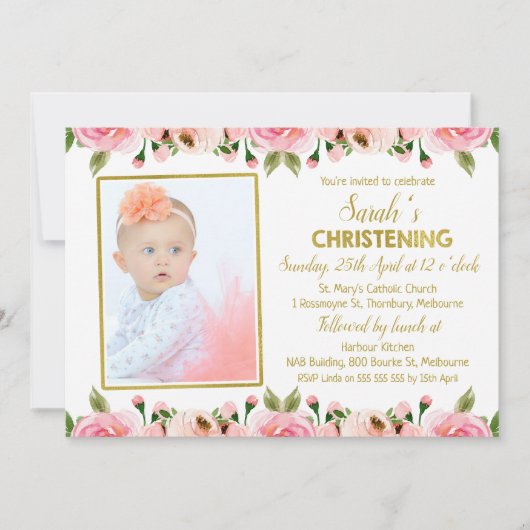 Pink Gold Floral Christening uitnodiging (Voorkant)
