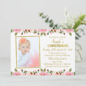 Pink Gold Floral Christening uitnodiging (Staand voorkant)