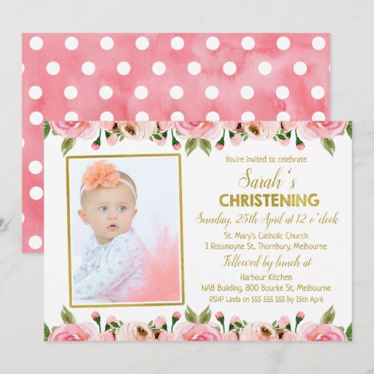 Pink Gold Floral Christening uitnodiging (Voorkant / Achterkant)
