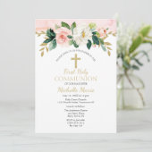 Pink Gold Floral Cross First Heilige Communist Gir Kaart (Staand voorkant)