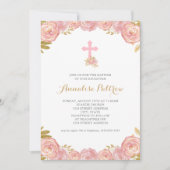 Pink Gold Floral Cross-minimalistische baptisme Kaart (Voorkant)