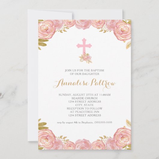Pink Gold Floral Cross-minimalistische baptisme Kaart (Voorkant)