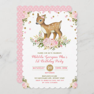 Pink Gold Floral Deer First Birthday Uitnodiging