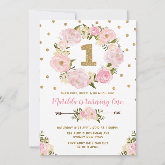 Pink & Gold Floral Eerste eerste verjaardag Uitnod Kaart (Voorkant)