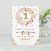 Pink & Gold Floral Eerste eerste verjaardag Uitnod Kaart (Staand voorkant)