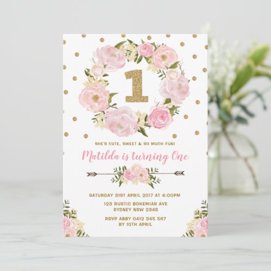 Pink & Gold Floral Eerste eerste verjaardag Uitnod Kaart (Staand voorkant)