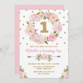 Pink & Gold Floral Eerste eerste verjaardag Uitnod Kaart (Voorkant / Achterkant)