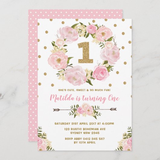 Pink & Gold Floral Eerste eerste verjaardag Uitnod Kaart (Voorkant / Achterkant)