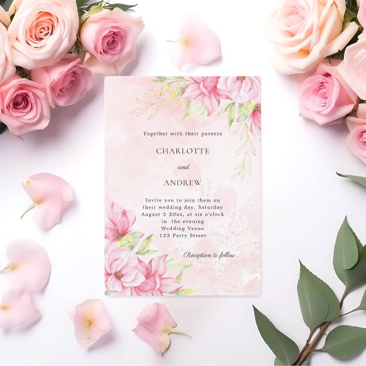 Pink gold floral elegant wedding kaart