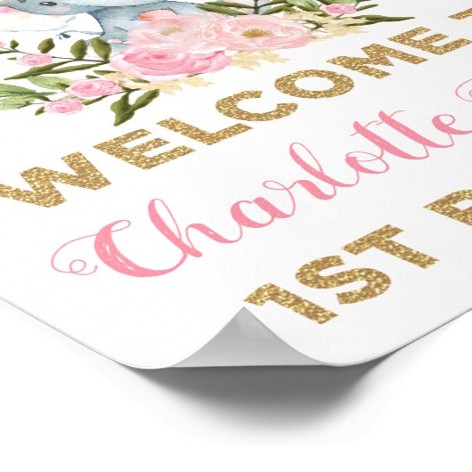 Pink Gold Floral Elephant 1e verjaardag Welkom Poster (Hoek)