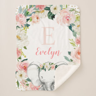 Pink Gold Floral Elephant Girl Sherpa Deken