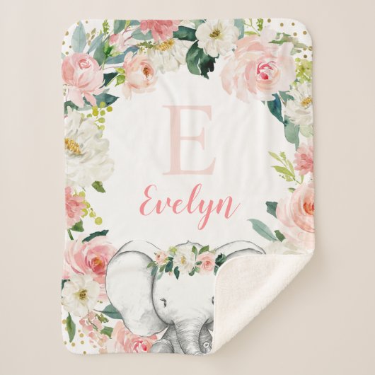 Pink Gold Floral Elephant Girl Sherpa Deken (Voorkant)