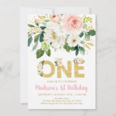 Pink Gold Floral First Birthday Invitation Kaart (Voorkant)