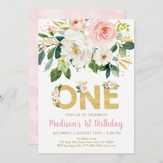 Pink Gold Floral First Birthday Invitation Kaart (Voorkant / Achterkant)