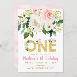 Pink Gold Floral First Birthday Invitation Kaart