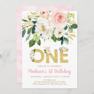 Pink Gold Floral First Birthday Invitation Kaart