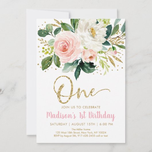 Pink Gold Floral First Birthday Invitation Kaart (Voorkant)