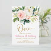Pink Gold Floral First Birthday Invitation Kaart (Staand voorkant)