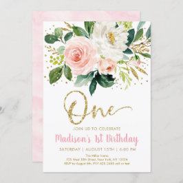 Pink Gold Floral First Birthday Invitation Kaart