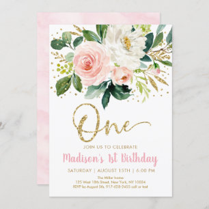 Pink Gold Floral First Birthday Invitation Kaart