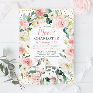 Pink Gold Floral Girl Koe 1e verjaardag Kaart