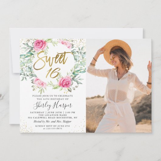Pink Gold Floral Greenery Sweet 16 Birthday Foto Kaart (Voorkant)