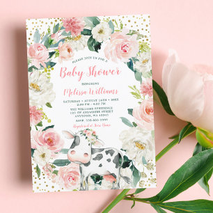 Pink Gold Floral Koe Girl Baby shower Kaart