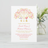Pink Gold Floral Love Bird Weduwen Uitnodiging (Staand voorkant)
