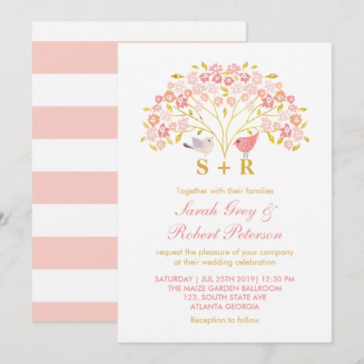Pink Gold Floral Love Bird Weduwen Uitnodiging (Voorkant / Achterkant)