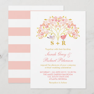 Pink Gold Floral Love Bird Weduwen Uitnodiging