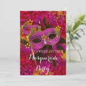 Pink Gold Floral Masquerade Sweet 16 Party Kaart (Staand voorkant)