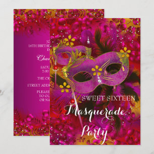 Pink Gold Floral Masquerade Sweet 16 Party Kaart